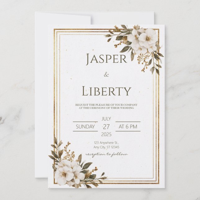 Minimalist Gold Floral Wedding Invitation (Front)