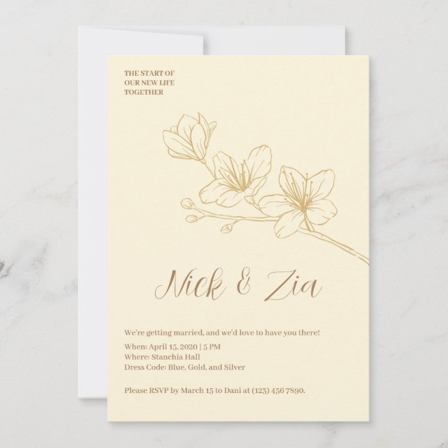 Minimalist Gold Floral White Wedding Invitation (Front)