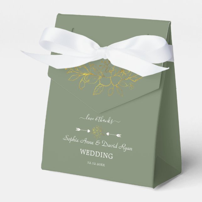 Minimalist Gold FloralSage Green Wedding Favour Box (Front Side)