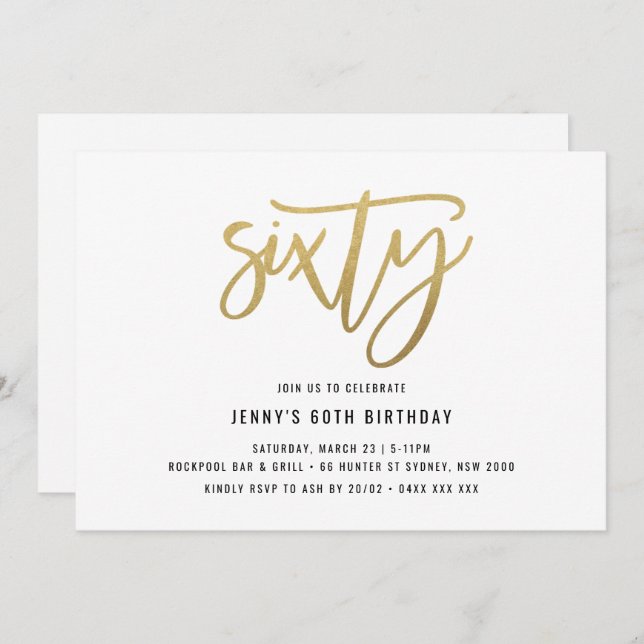 Minimalist Gold Foil 60th Birthday Invitation (Front/Back)