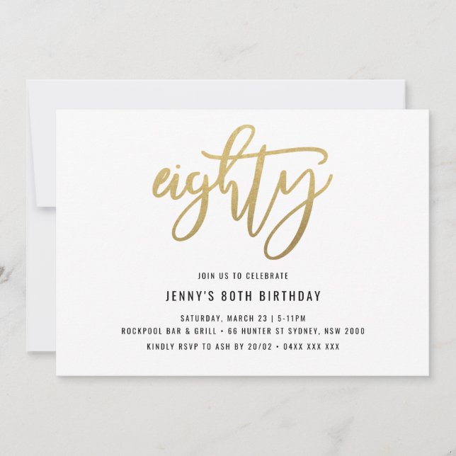 Minimalist Gold Foil 80th Birthday Invitation (Front)