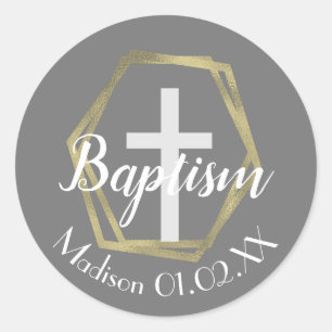 Minimalist Gold Foil Baptism Cross Child's Name Classic Round Sticker