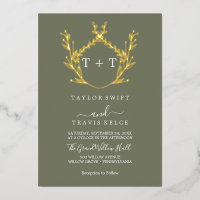 Minimalist Gold Foil Leaf Dark Green Monogram Wedd