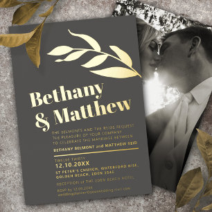 Minimalist gold foil leaves on grey brown wedding