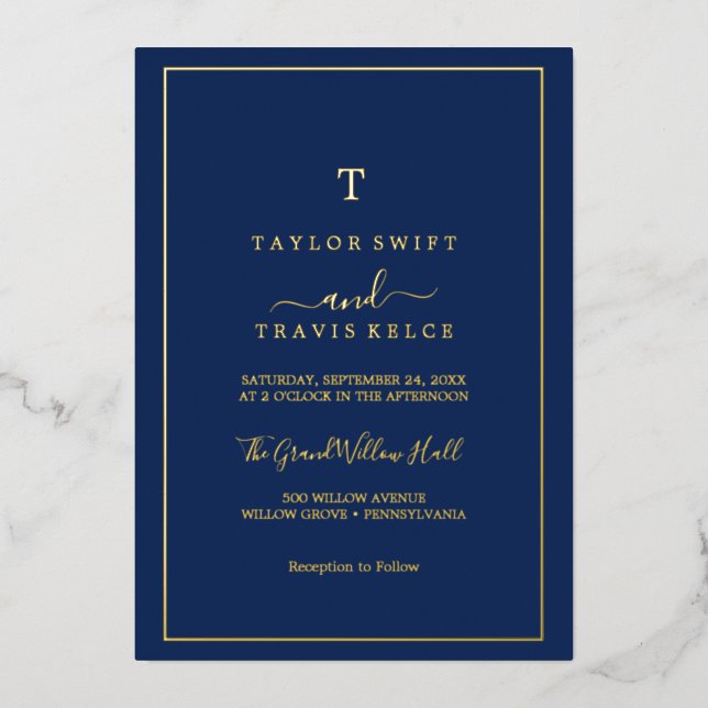 Minimalist Gold Foil | Navy Blue Monogram Wedding  (Front)