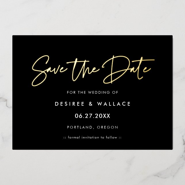 Minimalist Gold Foil Save the Date Black Card (Front)