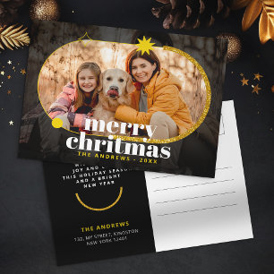 Minimalist Gold Glitter Christmas Family Photo Holiday Postcard