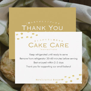Minimalist Gold Glitter Dot Cake Care Instructions Thank You Card