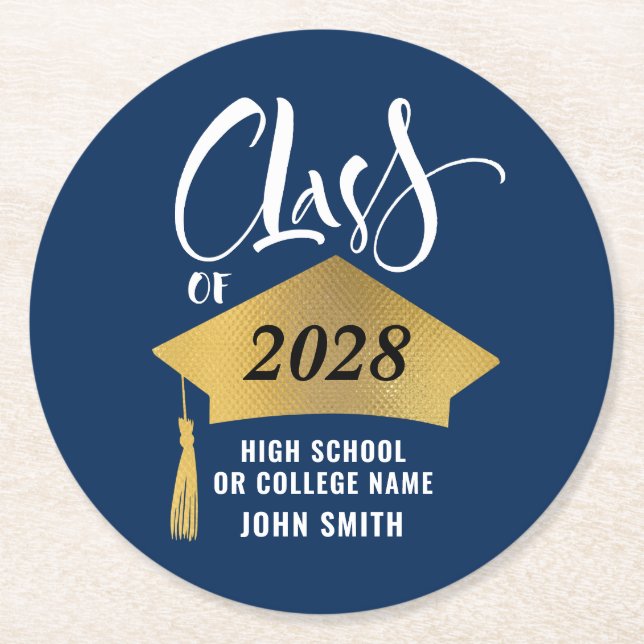 Minimalist Gold Grad Cap Stylish Graduation Party Round Paper Coaster (Front)