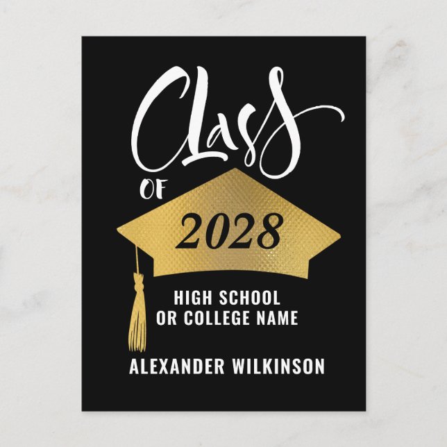 Minimalist Gold Grad Cap Stylish Script Graduation Announcement Postcard (Front)