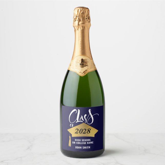 Minimalist Gold Grad Cap Stylish Script Graduation Sparkling Wine Label (Front)