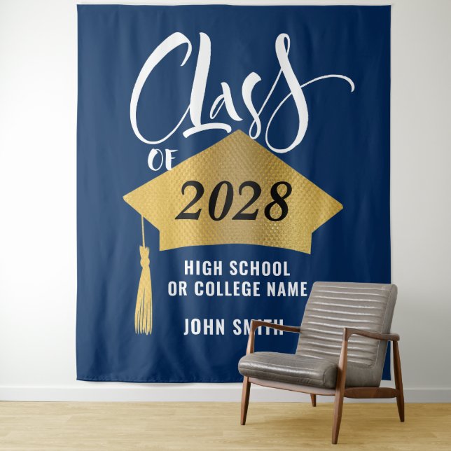 Minimalist Gold Grad Cap Stylish Script Graduation Tapestry (In Situ)