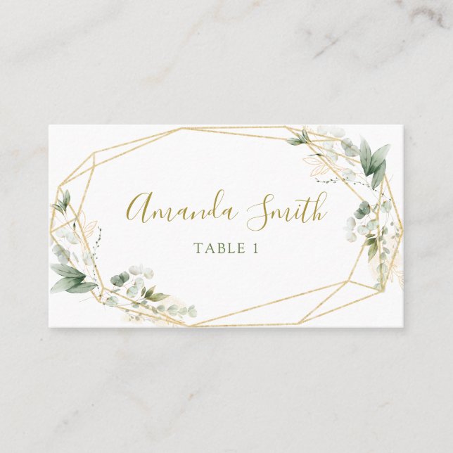 Minimalist Gold Greenery Geometric Baby in Bloom Place Card (Front)