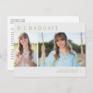 Minimalist Gold & Grey Two Photo Graduation Party Postcard