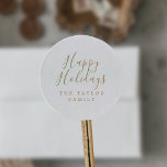 Minimalist Gold Happy Holidays Holiday Gift Classic Round Sticker<br><div class="desc">These minimalist gold Happy Holidays holiday gift stickers are perfect for a simple holiday present or holiday card. The design features classic gold and white typography paired with a rustic yet elegant script font with hand lettered style. Personalise the stickers with your name.</div>