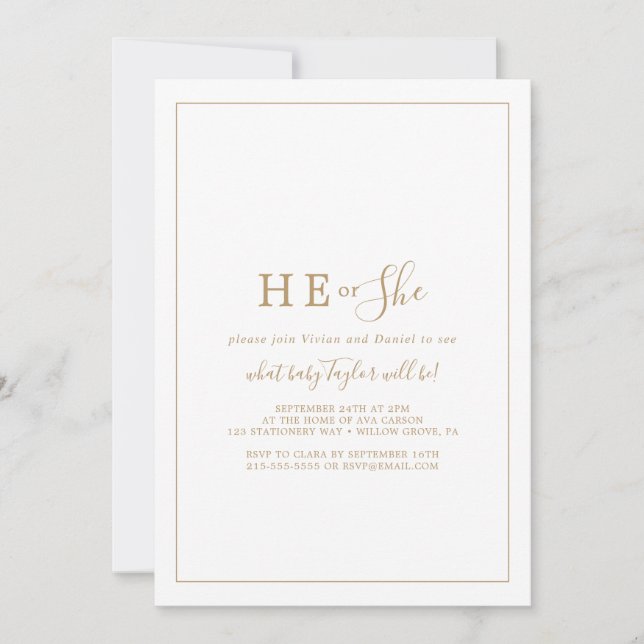 Minimalist Gold He or She Gender Reveal Party Invitation (Front)