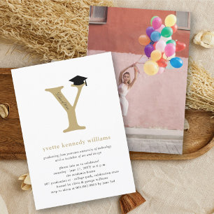 Minimalist Gold Initial 'Y' Graduation Cap Photo Invitation
