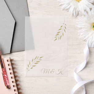 Minimalist Gold Leaves Monagram Wedding Vellum Invitations