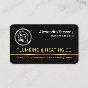 Minimalist Gold Line Silver Plumbing Heating Business Card
