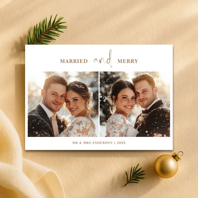 Minimalist Gold Married and Merry Christmas Photo Holiday Card (Creator Uploaded)