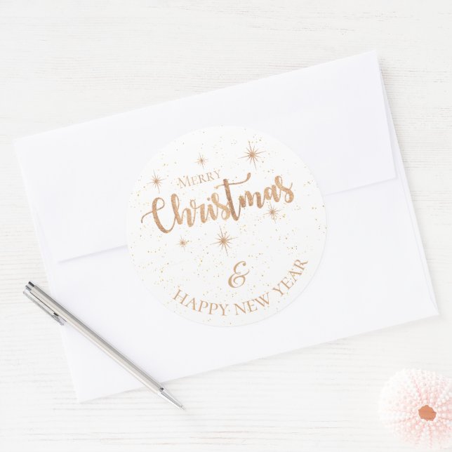 Minimalist Gold Merry Christmas and Happy New Year Classic Round Sticker (Envelope)