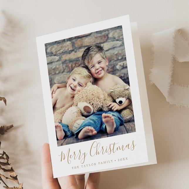 Minimalist Gold Merry Christmas Portrait Photo Holiday Card (Creator Uploaded)