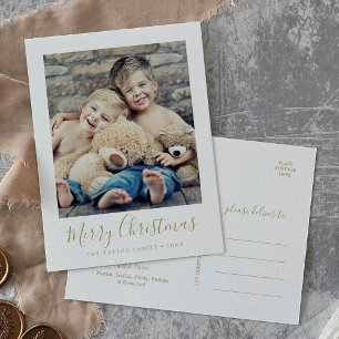Minimalist Gold Merry Christmas Portrait Photo Holiday Postcard