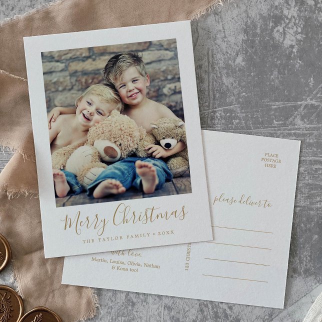 Minimalist Gold Merry Christmas Portrait Photo Holiday Postcard (Creator Uploaded)