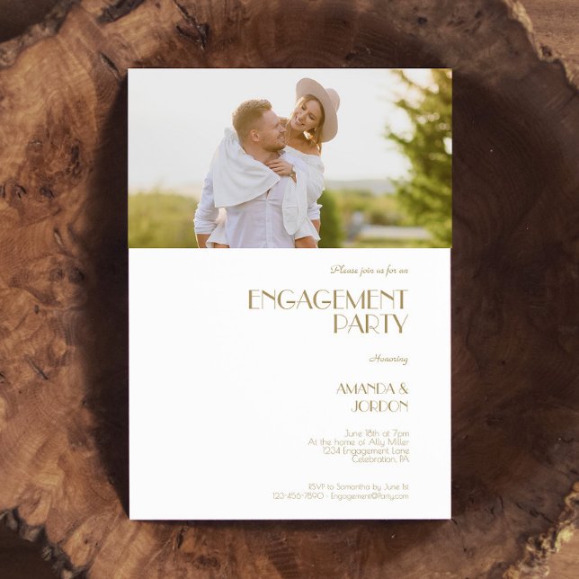 Minimalist Gold Modern Deco Engagement Party Photo Invitation (Creator Uploaded)