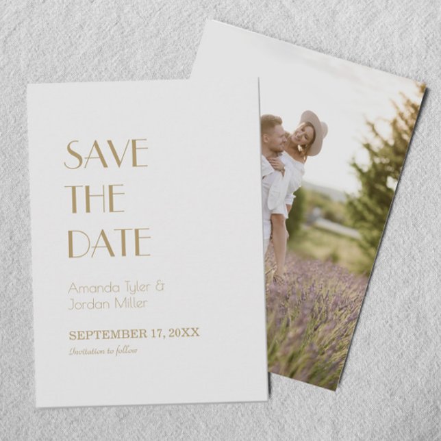 Minimalist Gold Modern Deco Wedding Back Photo Save The Date (Creator Uploaded)