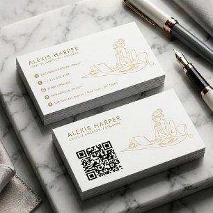 Minimalist Gold Modern Line Art QR Code Business Card