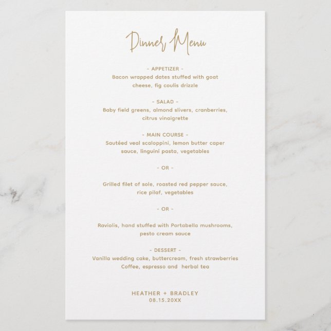 Minimalist Gold Modern Wedding Menu (Front)