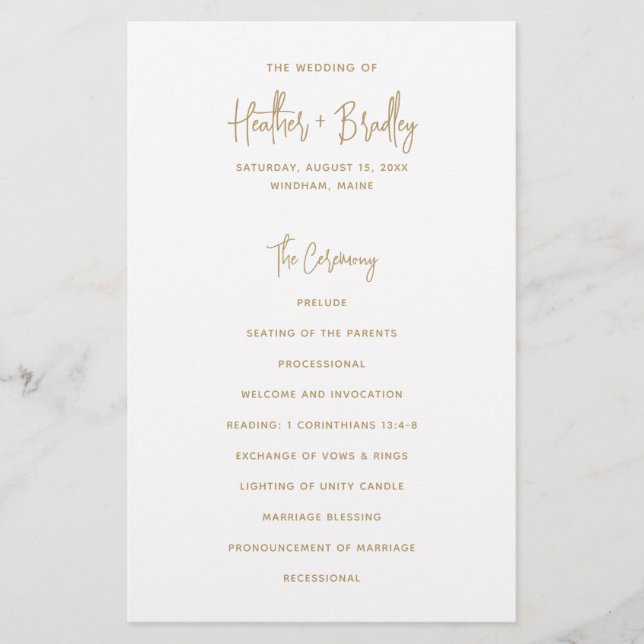 Minimalist Gold Modern Wedding Program Flyer (Front)