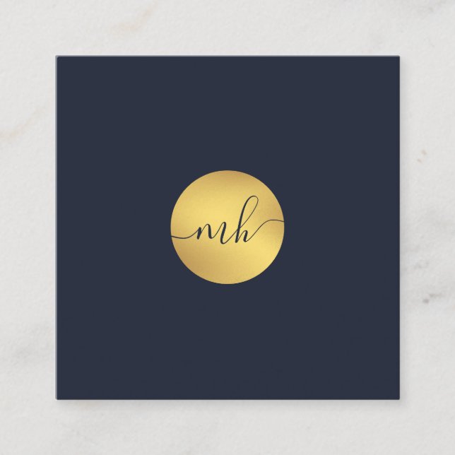 Minimalist Gold Monogram Dark Blue QR Code Square Business Card (Front)