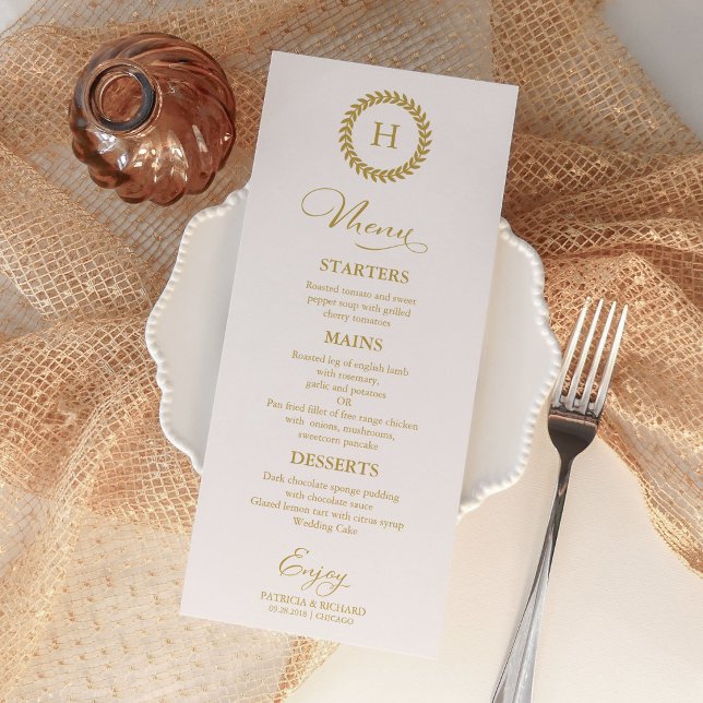 Minimalist Gold Monogram Script Wedding Menu Card (Creator Uploaded)