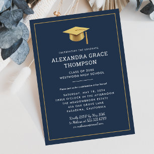 Minimalist Gold Navy Blue Modern Graduation  Invitation