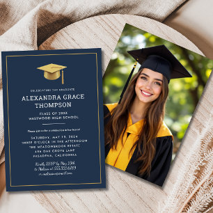 Minimalist Gold Navy Blue Photo Modern Graduation  Invitation