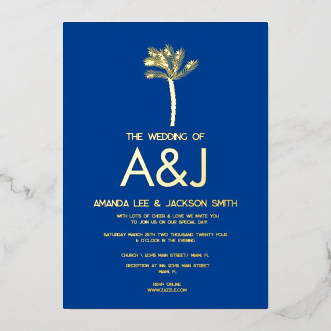 Minimalist Gold Palm Tree Blue Wedding  (Front)