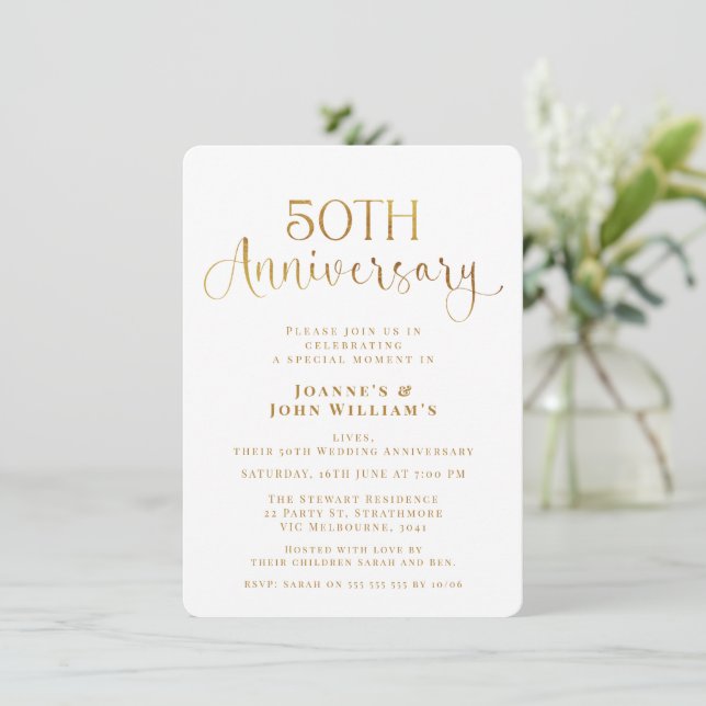 Minimalist Gold Script 50th Wedding Anniversary Invitation (Standing Front)
