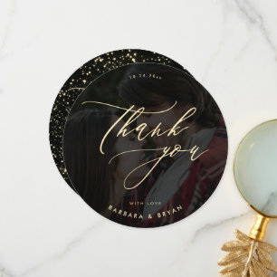 Minimalist Gold Script Glitter Wedding Photo  Thank You Card