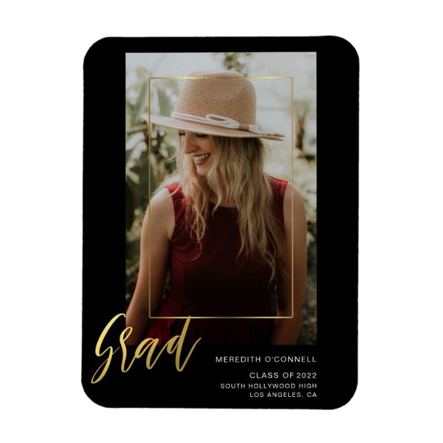 Minimalist Gold Script Photo Grad Announcement Magnet (Vertical)
