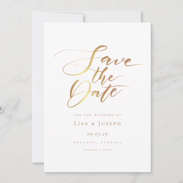 Minimalist Gold Script Save the Date Invitation (Front)