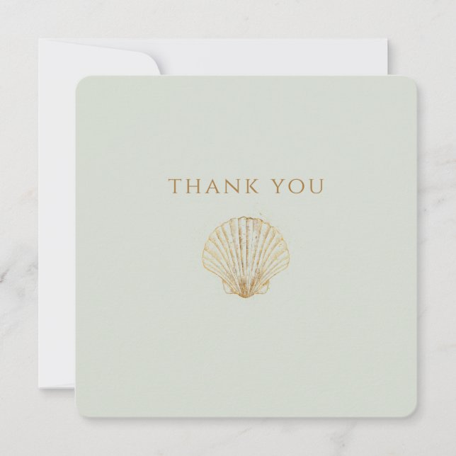 Minimalist Gold Seashell Mute Sage Wedding Thank You Card (Front)