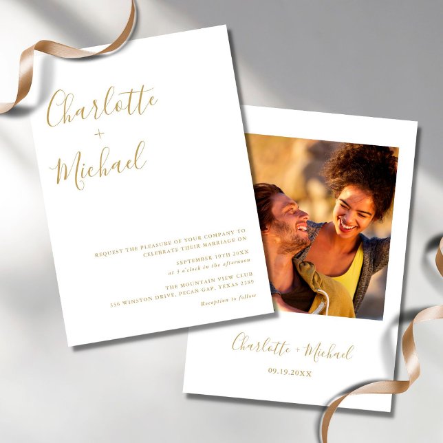 Minimalist Gold Signature Script Photo Wedding Invitation (Creator Uploaded)
