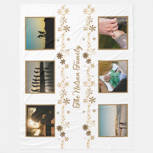 Minimalist Gold Snowflake Family Name Photo Fleece Blanket (Front)
