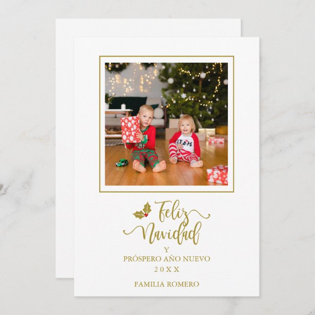 Minimalist Gold Spanish Christmas Family Photo Holiday Card (Front/Back)