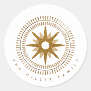 Minimalist Gold Starburst Medallion Family Name Classic Round Sticker