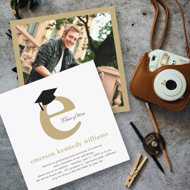 Minimalist Gold Typography Initial E Senior Grad Invitation (Creator Uploaded)