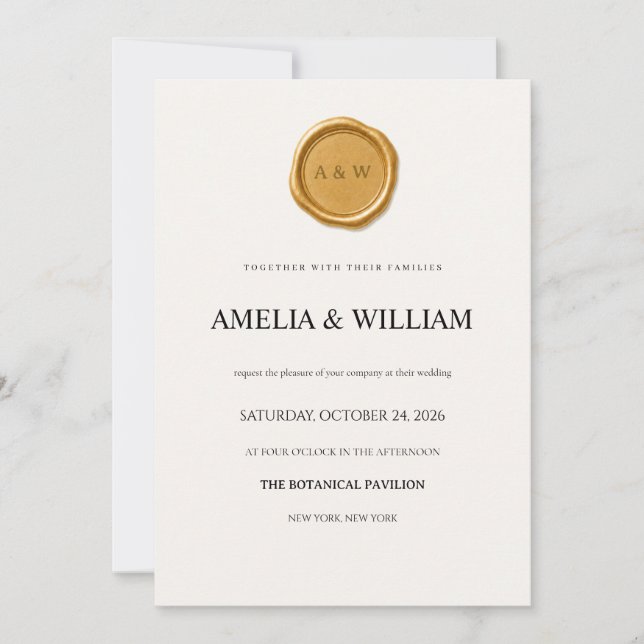 Minimalist Gold Wax Seal Wedding Invitation (Front)