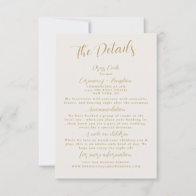 Minimalist Gold Wedding Details Enclosure Card (Front)